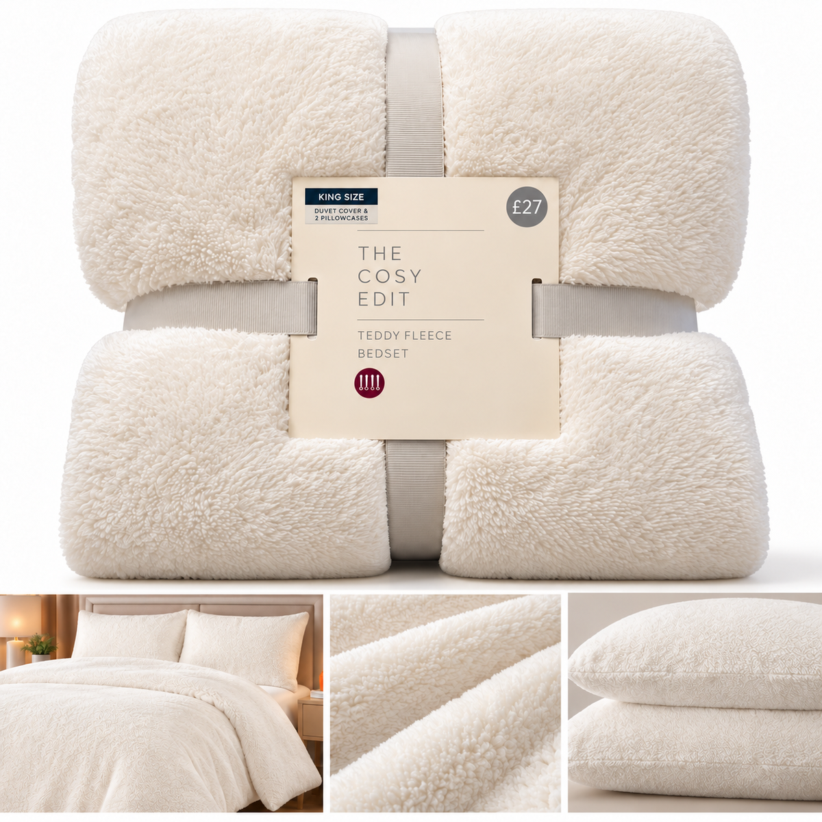 Luxury Teddy Fleece Bedding Set,Duvet cover & matching 2 pillowcases-  Cream – King Size – RRP £27