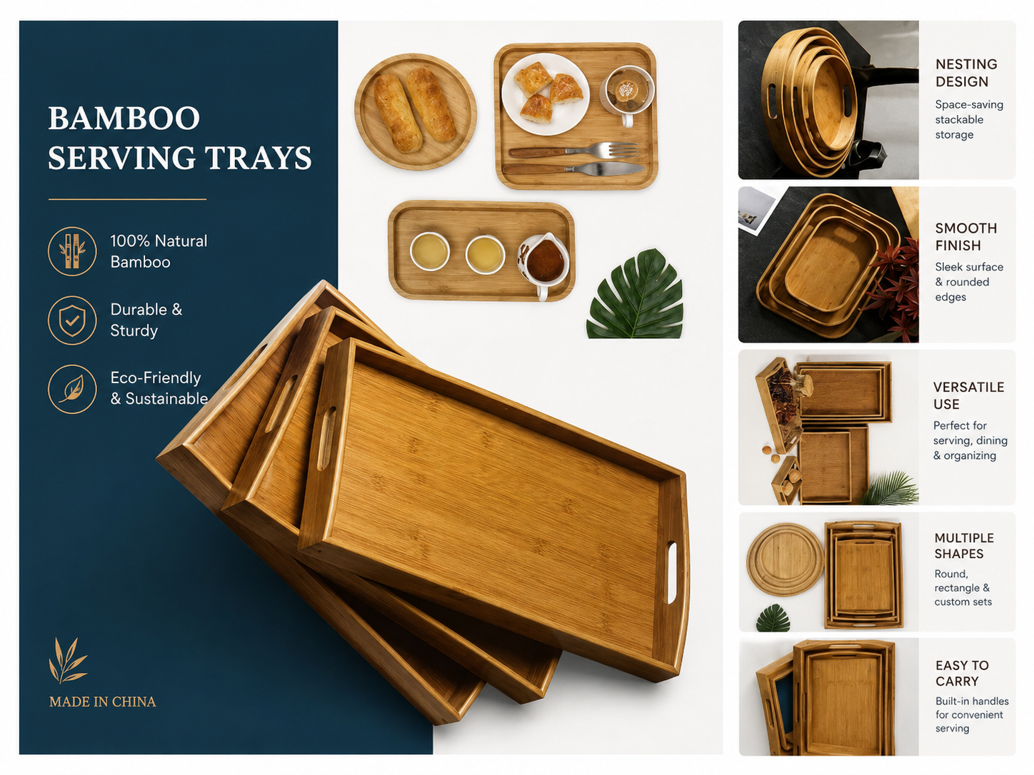 3-Piece Bamboo Serving Tray Set with Handles