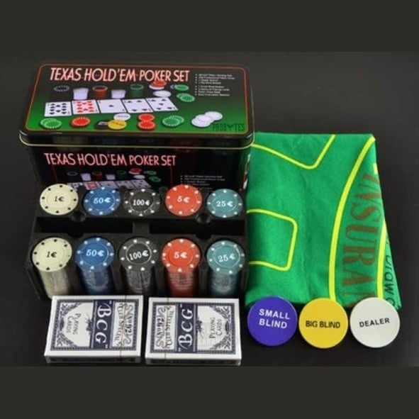 Texas Hold’em Poker Game Set – Casino-Style Cards, Chips, Mat & Tin Box