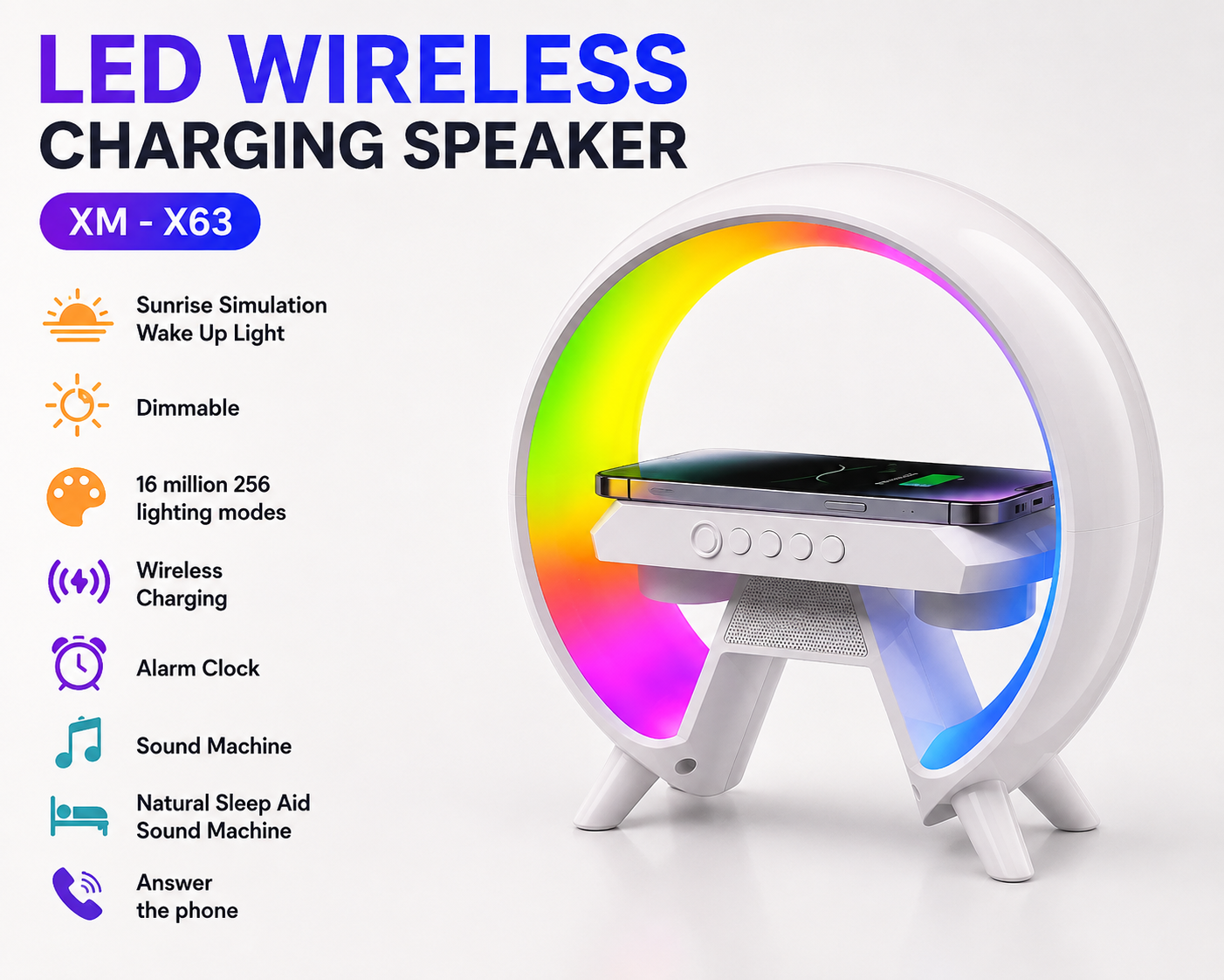 XM-X63 LED Wireless Charging Speaker – Alarm Clock, Mood Light & Sleep Sound Machine
