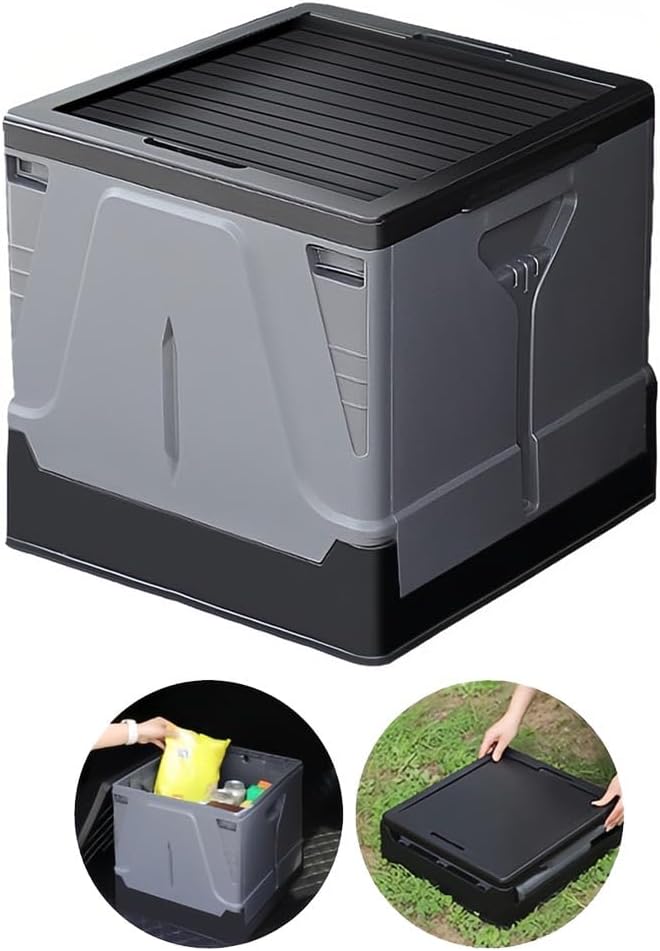 45L Folding Storage Box with Lid – Stackable Collapsible Storage Crate for Car, Camping & Home