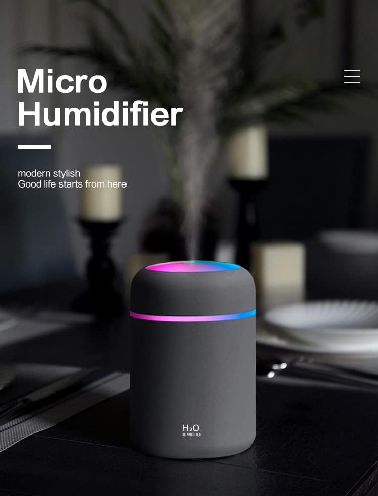 Portable 300ml USB Cool Mist Humidifier & Aroma Diffuser with Colorful Night Light for Car & Home