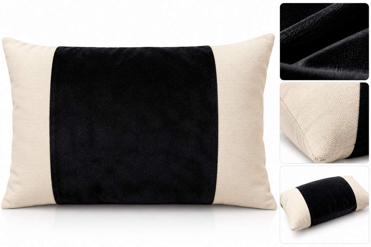 Luxury Black & Cream Velvet Panel Rectangular Cushion – Soft Decorative Scatter Cushion