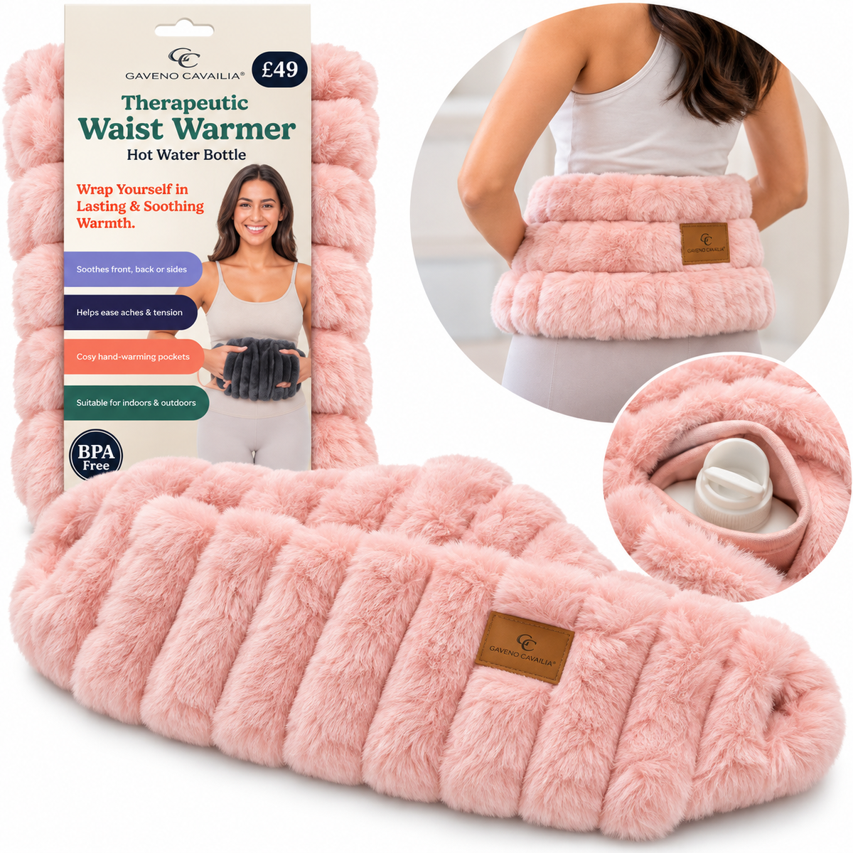Gaveno Cavailia Therapeutic Waist Warmer pink – Luxury Grey Faux Fur Hot Water Bottle with Hand-Warming Pockets