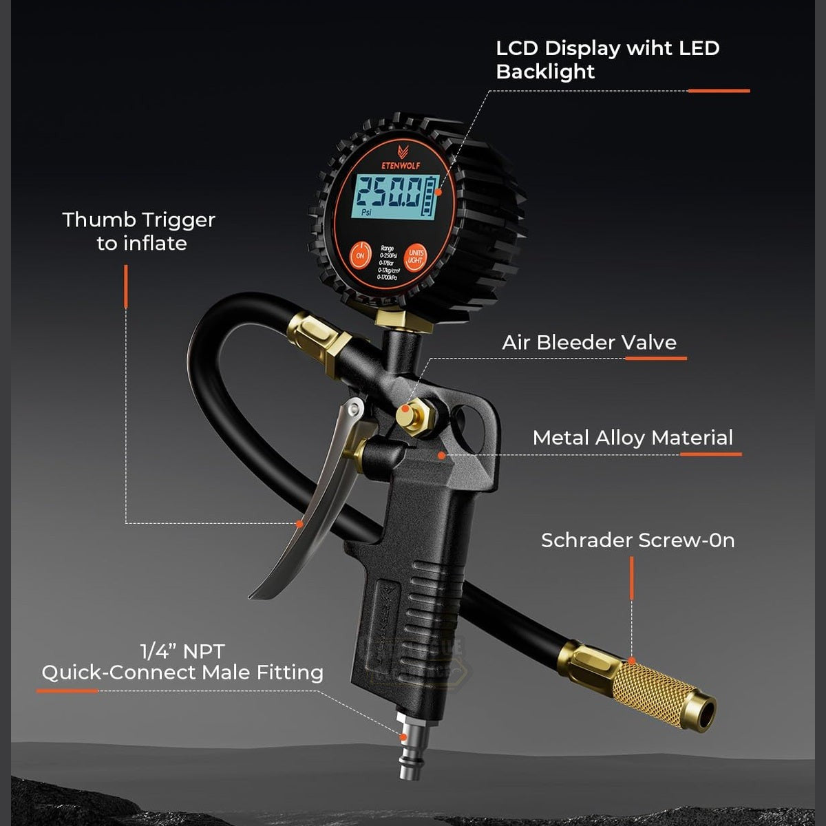 ETENWOLF T500 Tire Pressure Gauge with Inflater