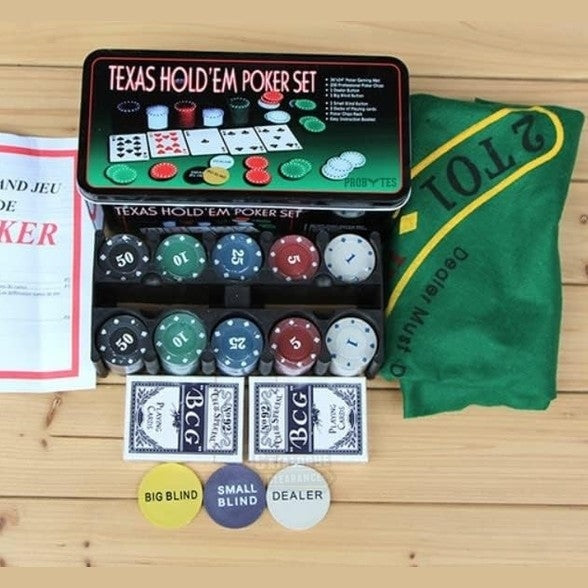 Texas Hold’em Poker Game Set – Casino-Style Cards, Chips, Mat & Tin Box