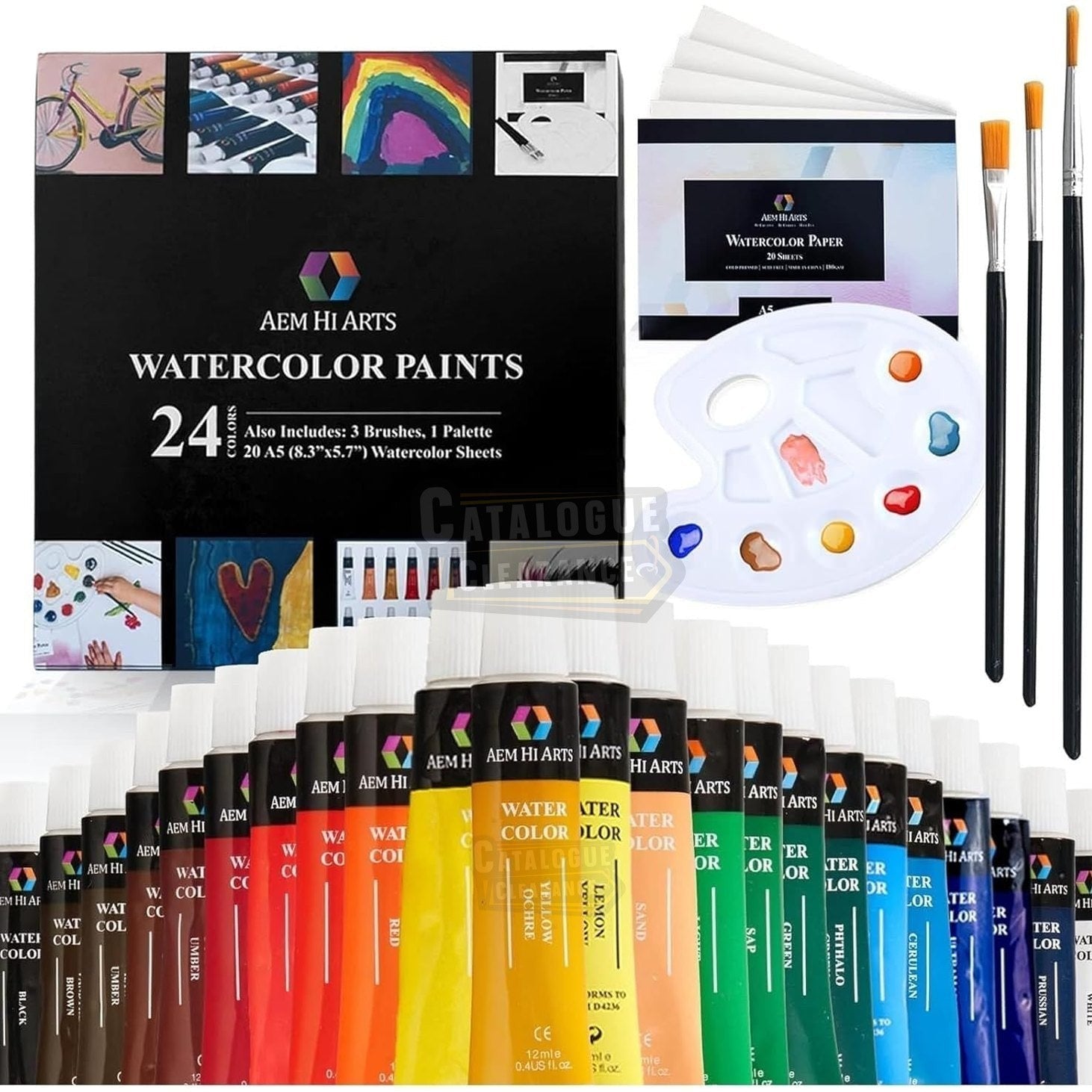 AEM Watercolor Paint Set - 24 Tubes, Brushes, Paper & Palette