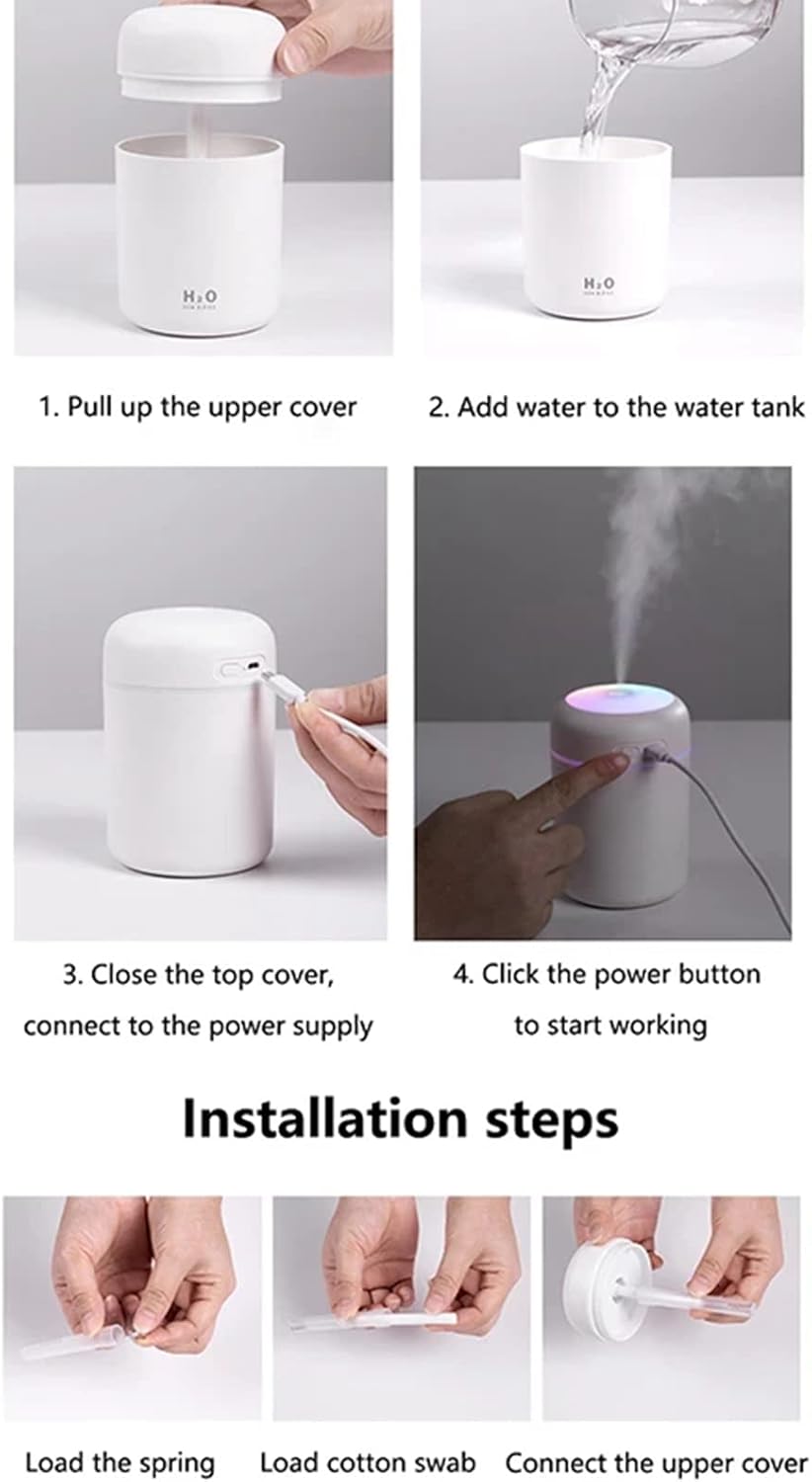 Portable 300ml USB Cool Mist Humidifier & Aroma Diffuser with Colorful Night Light for Car & Home