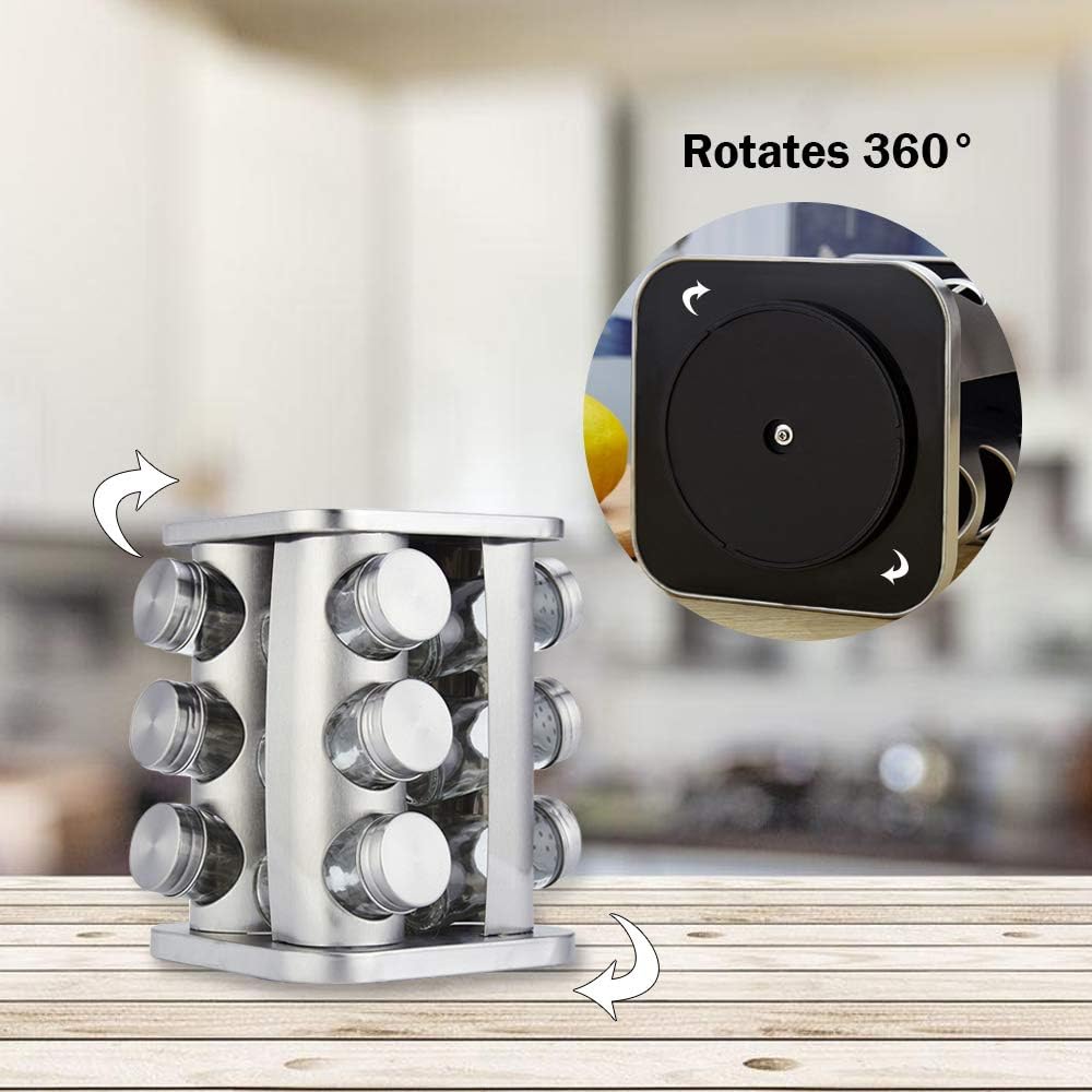 Stainless Steel Rotating Spice Carousel – 3-Jar Revolving Seasoning Organizer with Glass Bottles for Kitchen Counter or Cabinet