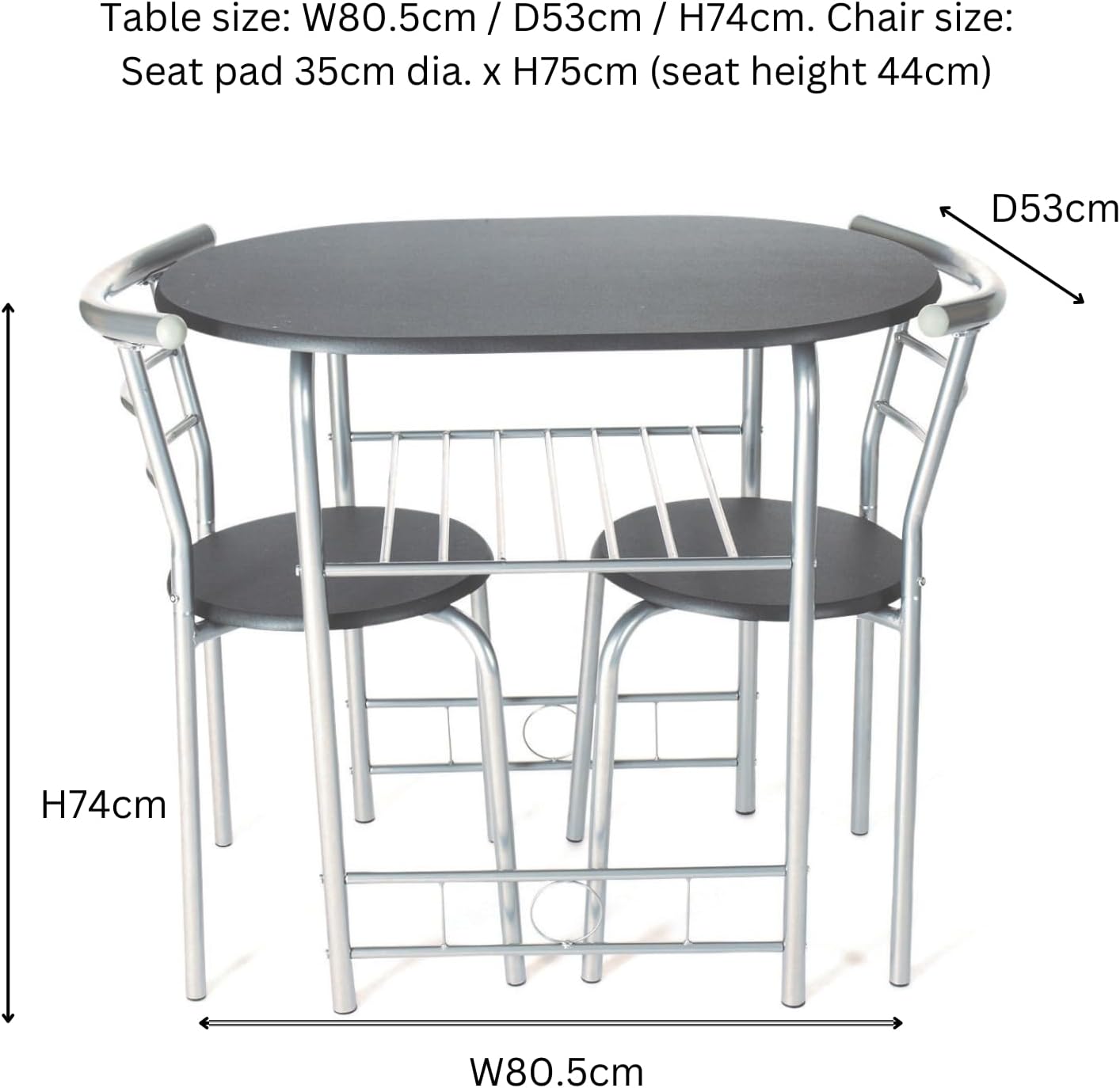 3-Piece Space-Saving Dining Set – Black/Silver Table with 2 Chairs – Compact Kitchen & Dining Furniture - 4217