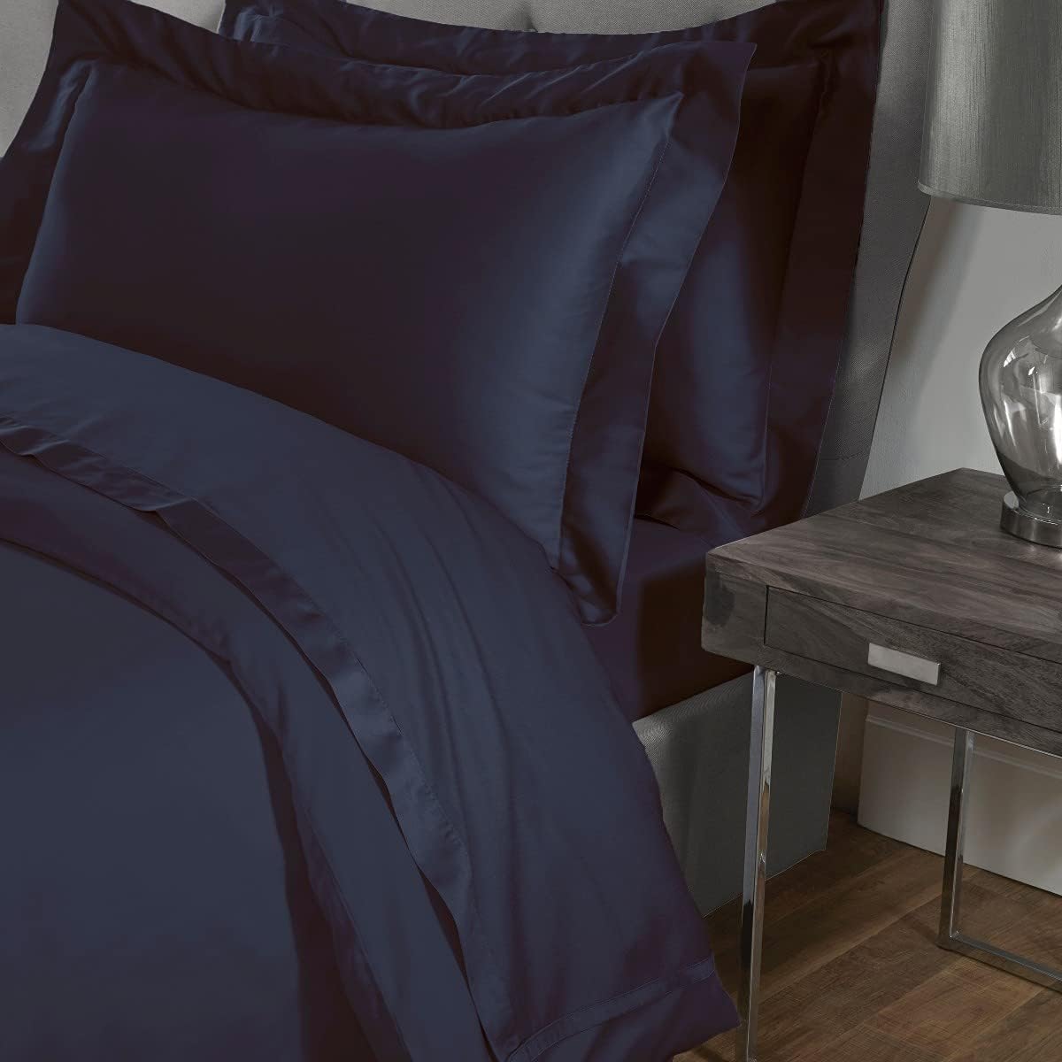 Sleepdown Fitted Sheet 100% Cotton Sateen Soft Cosy 16" 40cm Extra Deep 300 Thread Count Luxury Bedding Bedsheet Bed Linen - Navy Blue - Super King