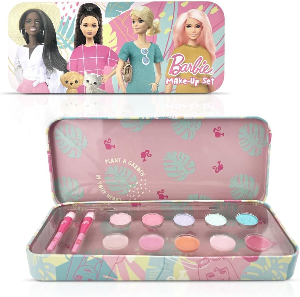 Barbie Kids Makeup Set Keepsake Tin – 10 Piece Makeup Kit with Eyeshadows, Lip Balms & Applicators