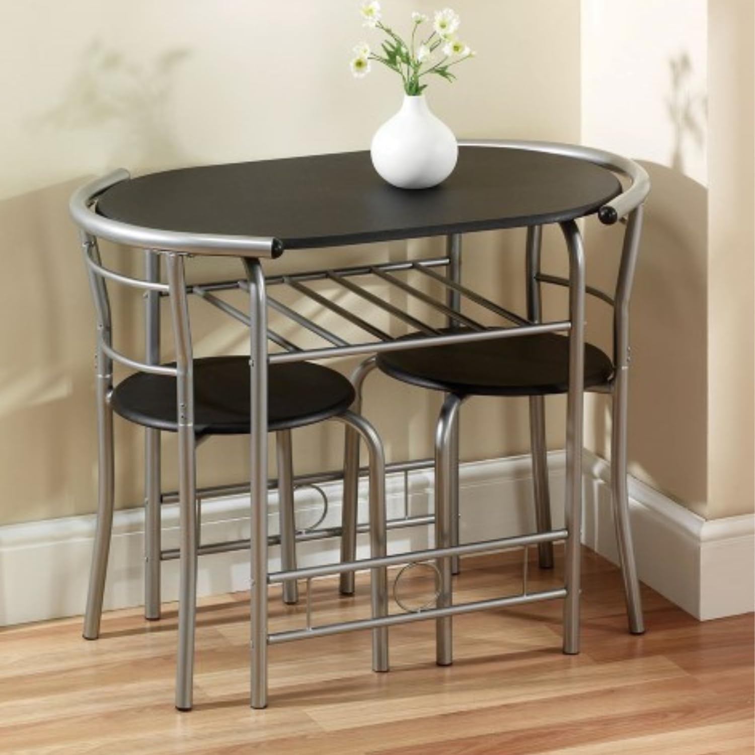 3-Piece Space-Saving Dining Set – Black/Silver Table with 2 Chairs – Compact Kitchen & Dining Furniture - 4217