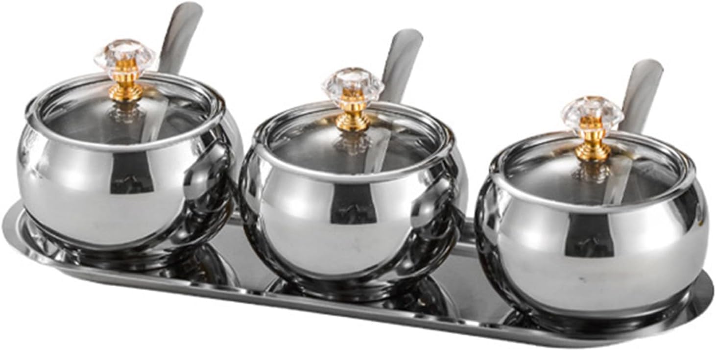 3-Piece Stainless Steel Spice Jar Set with Lid & Spoons – Kitchen Seasoning Container with Tray (Space-Saving Design)
