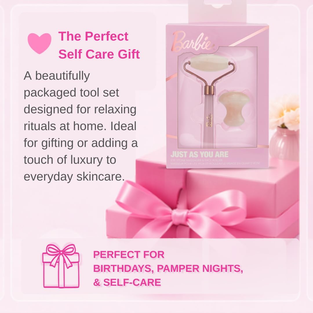 Barbie Rose Quartz Face Roller & Eye Massager Set – Cooling Facial Roller for Face, Neck & Under Eyes