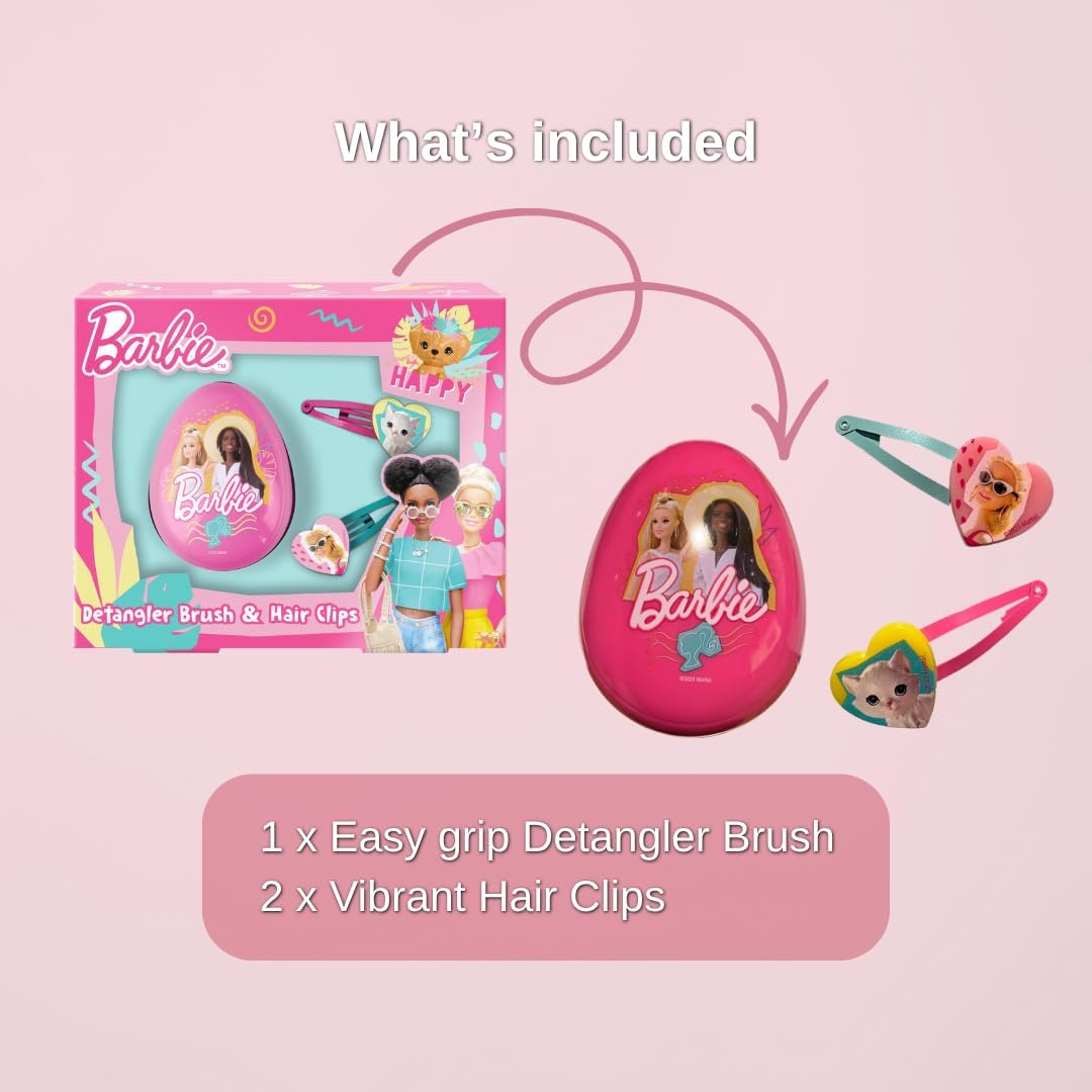 Barbie Detangling Hair Brush & Hair Clips Set for Girls – Kids Wet & Dry Hairbrush with 2 Styling Clips