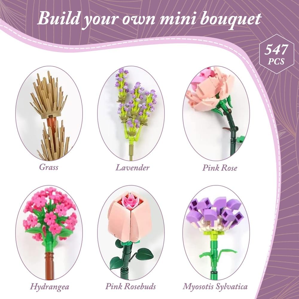 DIY Flower Bouquet Building Block Set – 547-Piece Botanical Collection for Adults