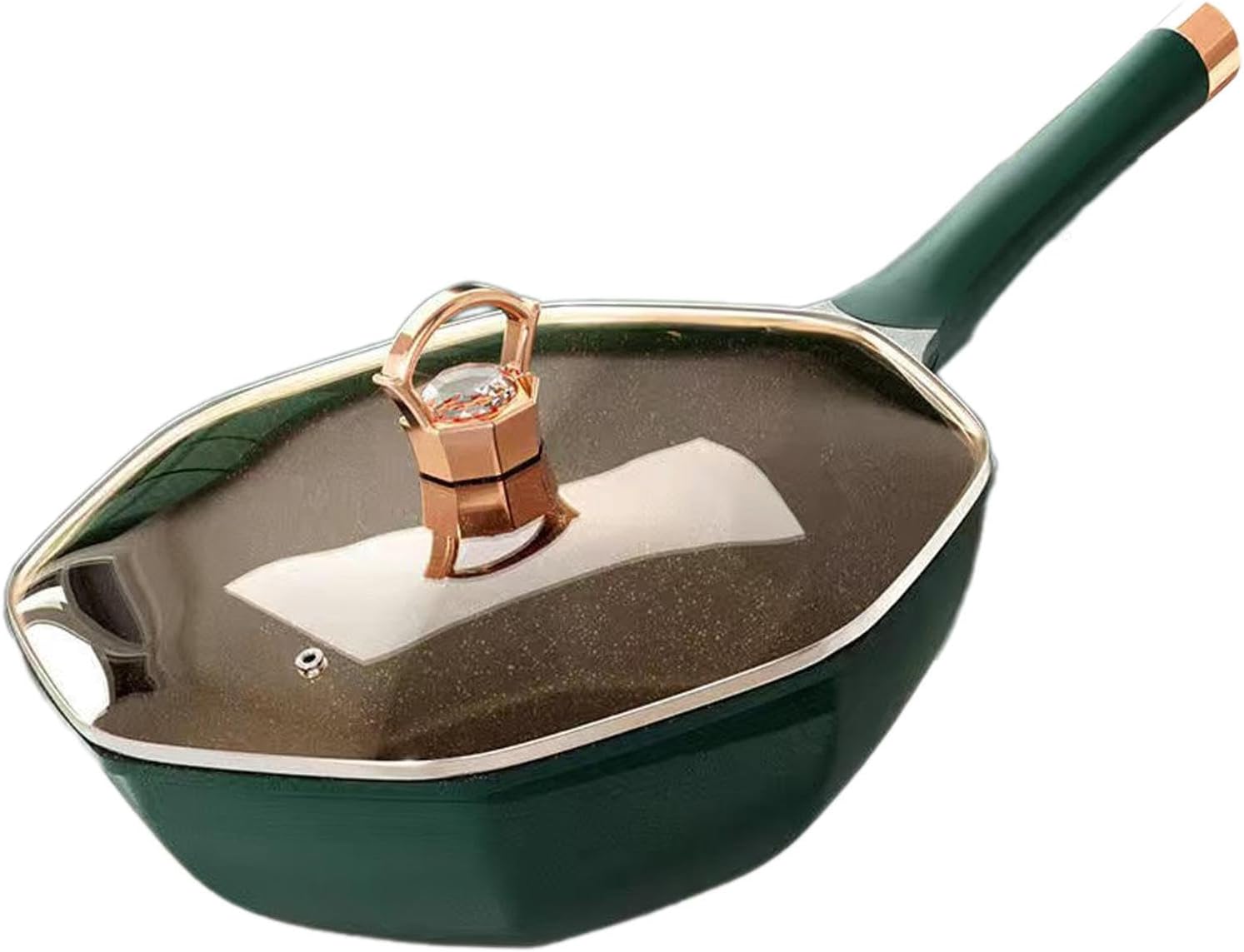 Octagonal Non-Stick Frying Pan with Lid – Portable Cooking Wok Pan Green 32cm
