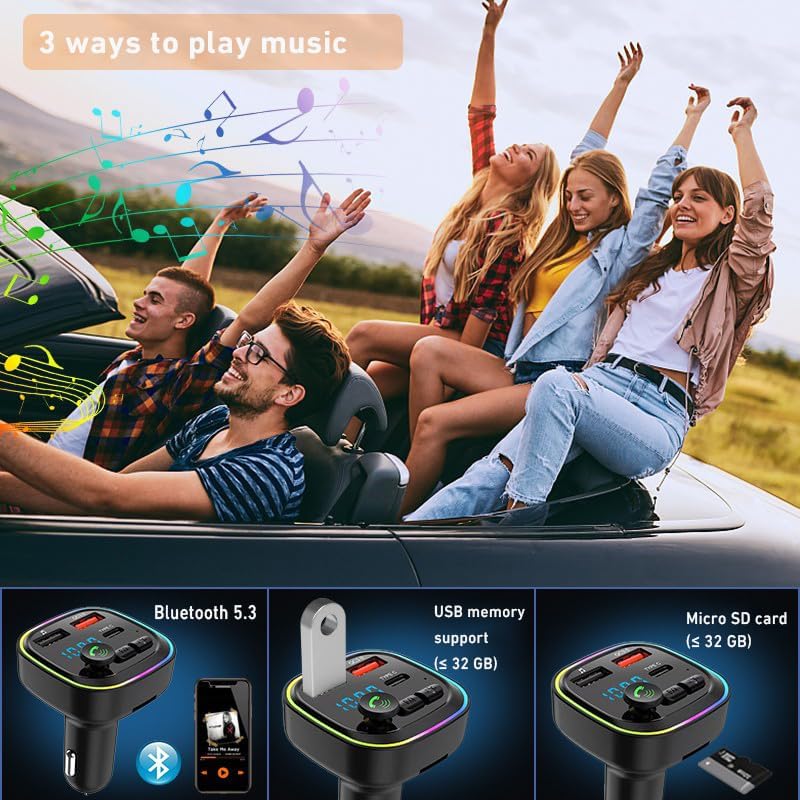 Bluetooth 5.3 FM Transmitter for Car – 20W PD & QC3.0 Fast Charging, Hands-Free Calling, USB & Type-C Car Adapter