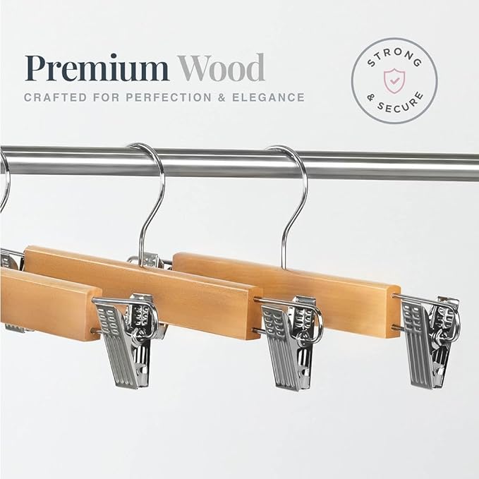 10 x Natural Wooden Coat Hangers with Clips or Trouser Hangers with Clips