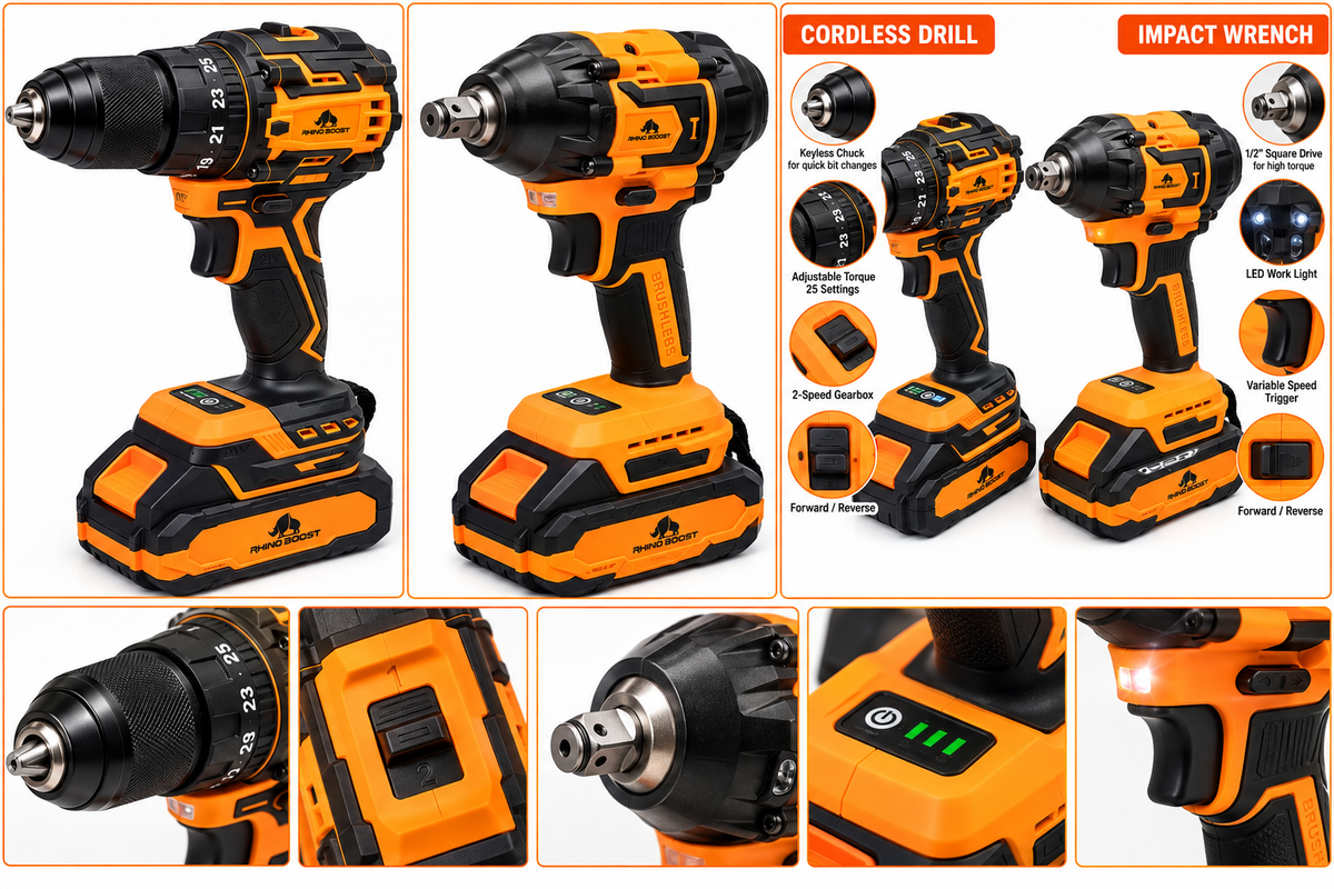 Rhino Boost 21V Brushless Cordless Drill & Impact Wrench Combo Kit – 2 Batteries, Charger & Carry Case