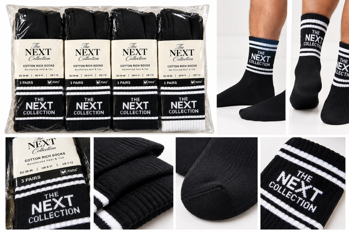 The Next Collection Cotton Rich Sports Socks – Black & White | 12 Pairs | UK 6–11