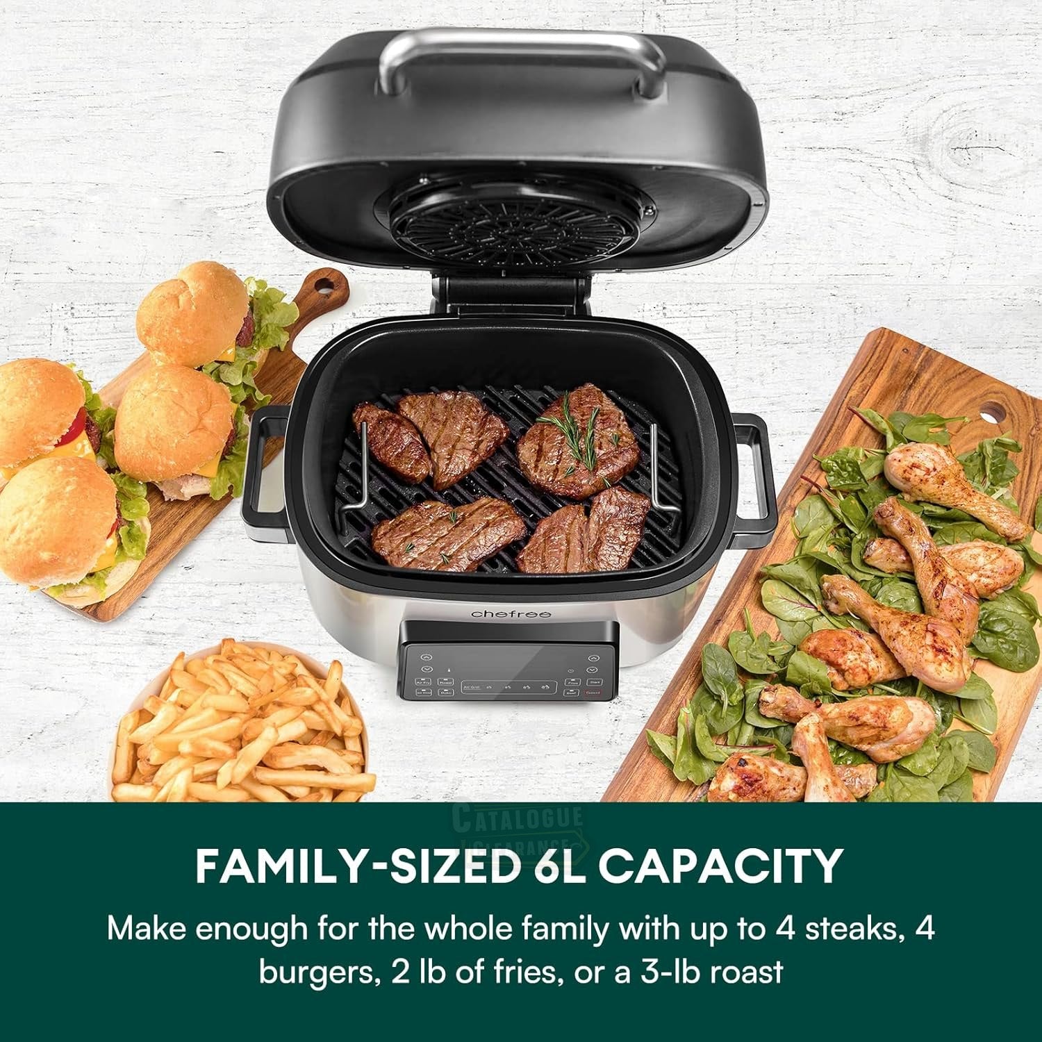 CHEFREE 6L Health Grill & Air Fryer – 6-in-1 XL Smart Multicooker, Smokeless & Oil-Free (AFG01)
