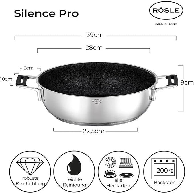 RÖSLE Silence Pro Serving Pan – 28 cm Stainless Steel with ProResist Coating & Lid