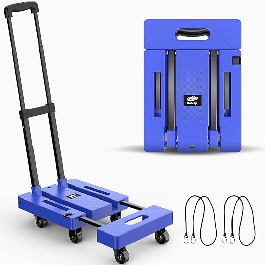 SPACEKEEPER Folding Hand Truck, 227KGS Heavy Duty Platform Truck Utility Cart with 6 Wheels & 2 Elastic Ropes for Luggage, Travel, Auto, Shopping, Moving and Office, Black ,Blue ,Orange