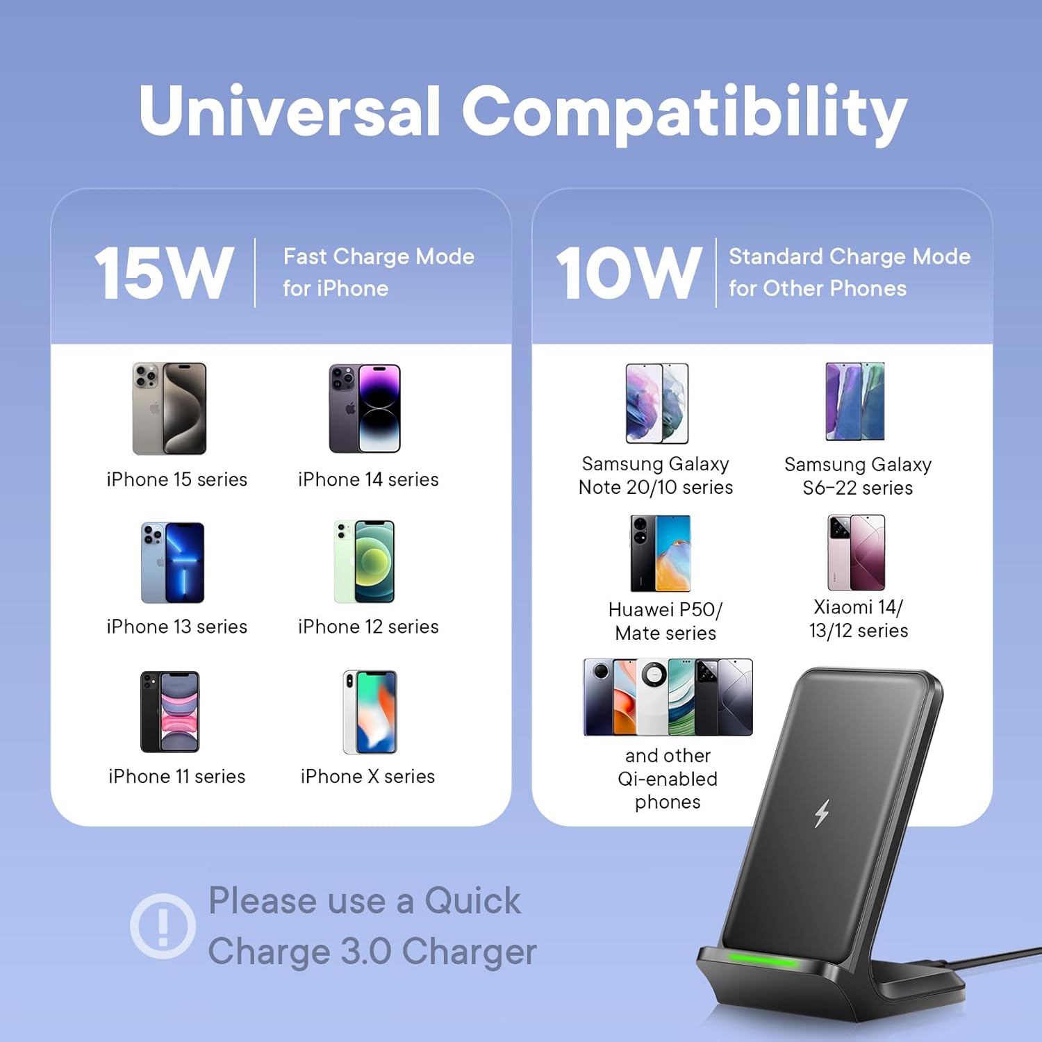 15W Wireless Charging Stand – Fast Qi Wireless Charger Dock for iPhone & Samsung