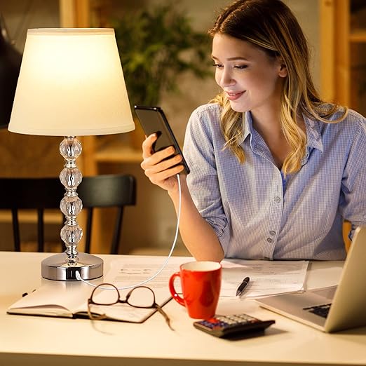 Seealle Touch Crystal Table Lamp – 3-Way Dimmable with USB-A & USB-C Charging Ports, White Linen Shade, Metal Base, and LED Bulb Included for Bedroom, Living Room, or Office/ TL11ASE7C