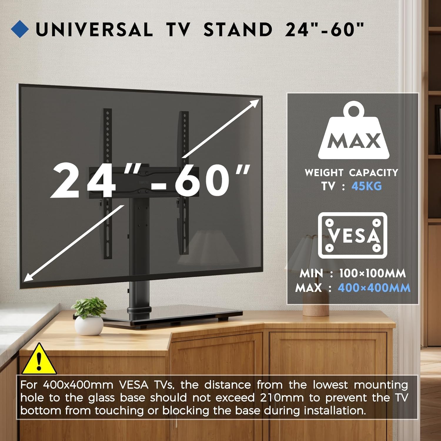 BONTEC Universal TV Stand – Height Adjustable Tabletop TV Mount for 24–60 Inch TVs with Tempered Glass Base - ST09