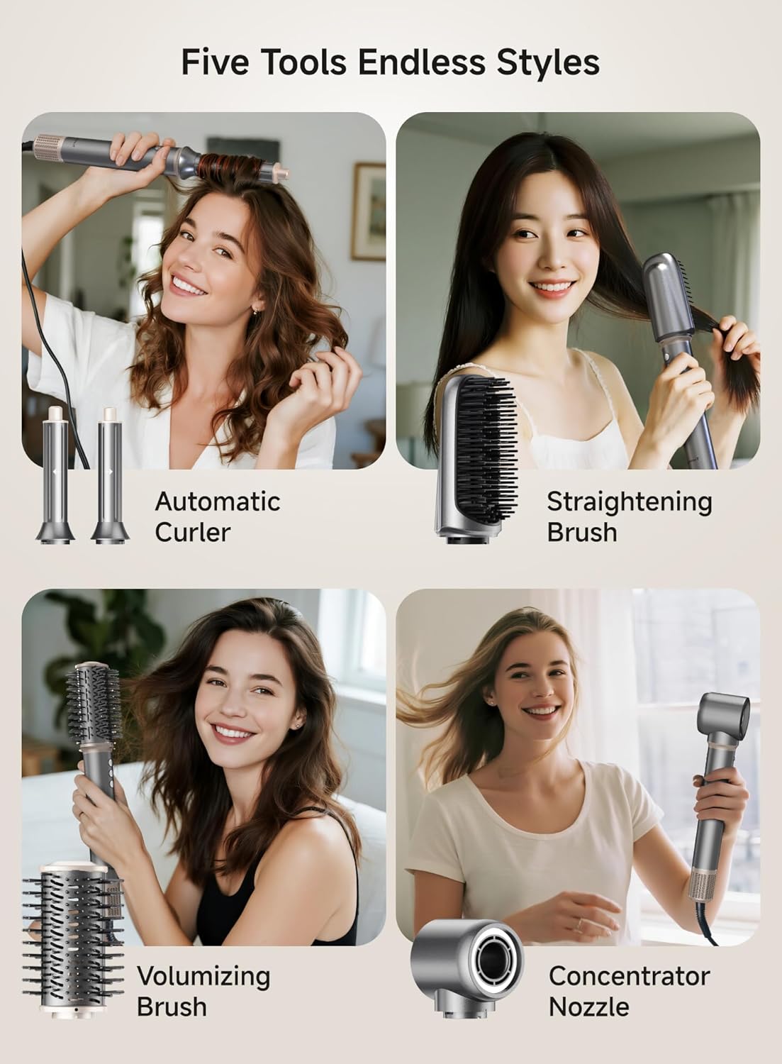 5-in-1 Hot Air Styler Set – Ionic Hair Dryer, Auto Curlers, Volumising & Straightening Brush