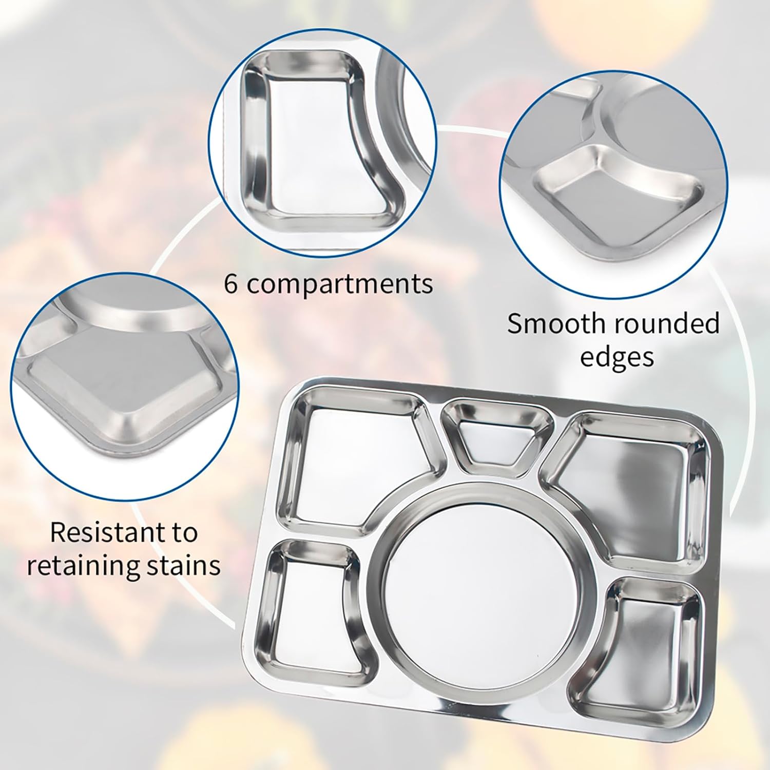 Stainless Steel 6‑Section Divided Dinner Plate – Durable Multi‑Compartment Food Tray