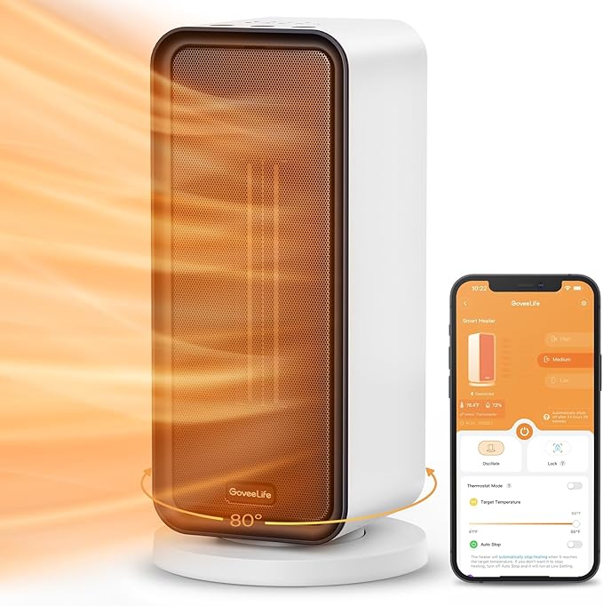 Govee Life Smart Electric Heater – Low Energy Ceramic Space Heater with Thermostat, WiFi & Bluetooth App Control – Compatible with Alexa & Google Assistant – Portable Heater for Bedroom, Office & Home (White)
