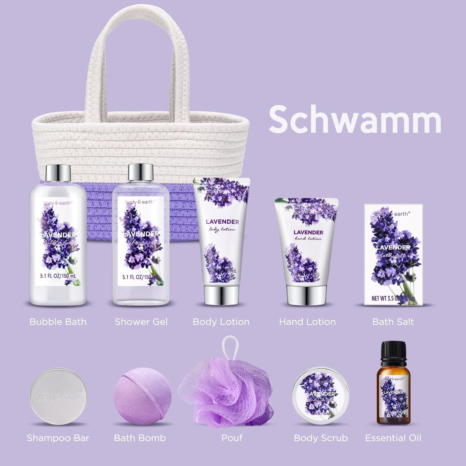 BODY & EARTH Spa Gift Sets for Women, 11 Pcs Lavender Bath Set with Shower Gel, Bubble Bath, Body Lotion, Birthday Gifts for Women, Birthday Gifts for Her, Valentine's Mothers Day Christmas Gifts