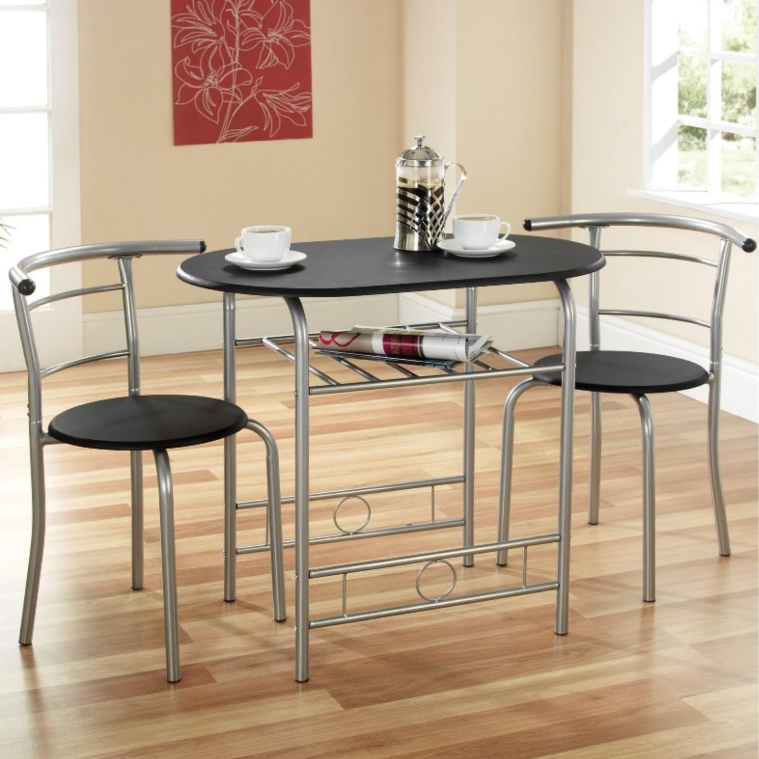 3-Piece Space-Saving Dining Set – Black/Silver Table with 2 Chairs – Compact Kitchen & Dining Furniture - 4217