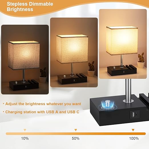 Seealle Fully Dimmable Bedside Table Lamp – Small Lamp with USB A & C Charging Ports, Gray Fabric Shade, Phone Stand, and LED Bulb Included for Bedroom, Living Room, or Office/TL23SAL6Y