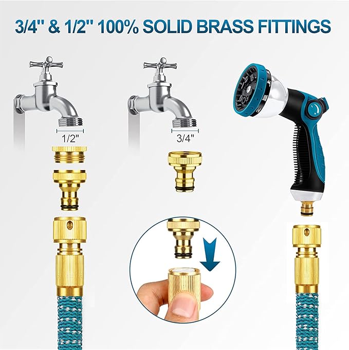 50FT Flexible Expandable Garden Hose – 3x Expanding Water Pipe with 10-Function Spray Gun & Solid Brass 3/4" & 1/2" Fittings