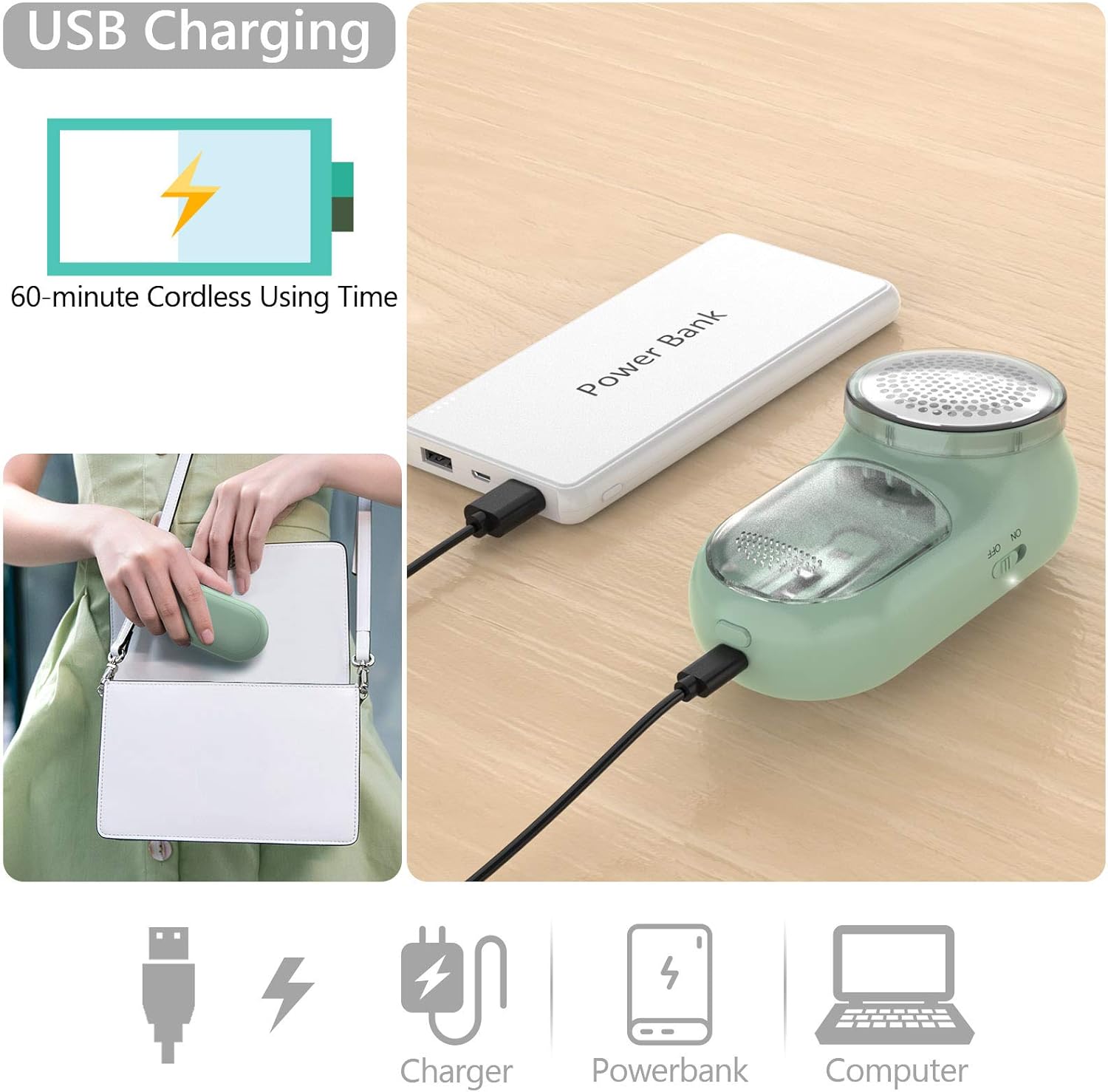 Homeasy 2-in-1 Fabric Shaver Electric Lint Remover & Manual Brush, 3 Stainless-Steel Blades, Green