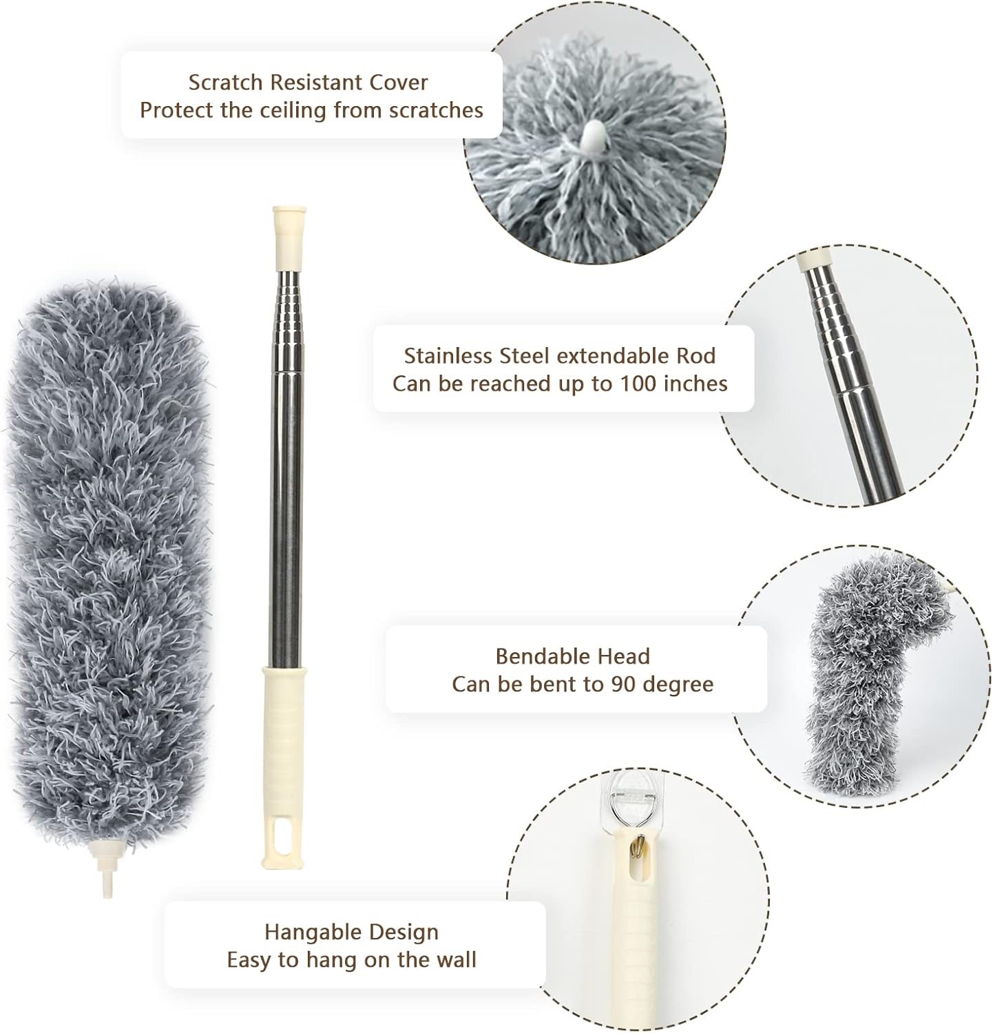 Extendable Microfiber Feather Duster – 100" Telescopic Stainless Steel Cleaning Tool