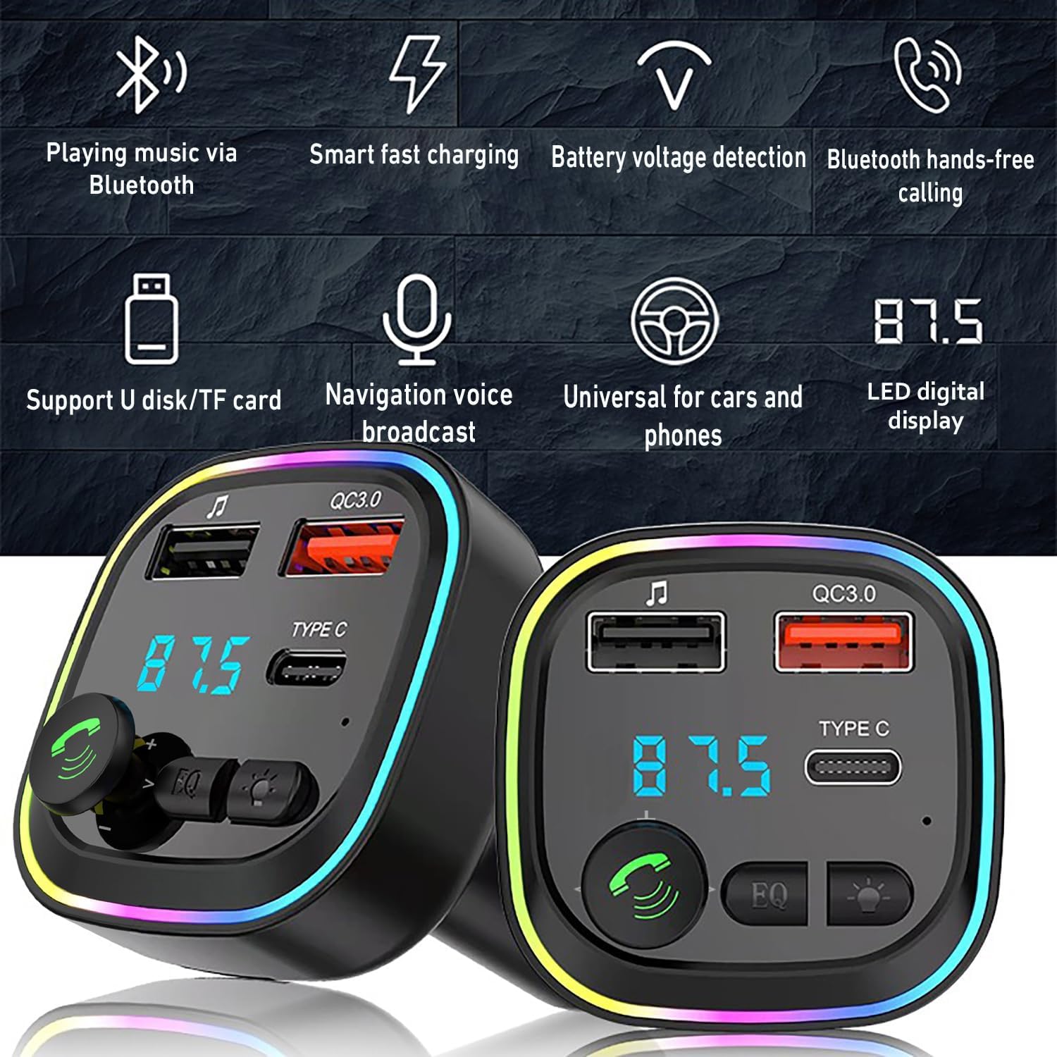 Bluetooth 5.3 FM Transmitter for Car – 20W PD & QC3.0 Fast Charging, Hands-Free Calling, USB & Type-C Car Adapter