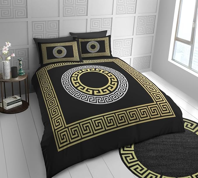 Luxury Greek Key Microfibre Duvet Cover Set – Reversible Black & Gold Soft Cosy Bedding with Pillowcases