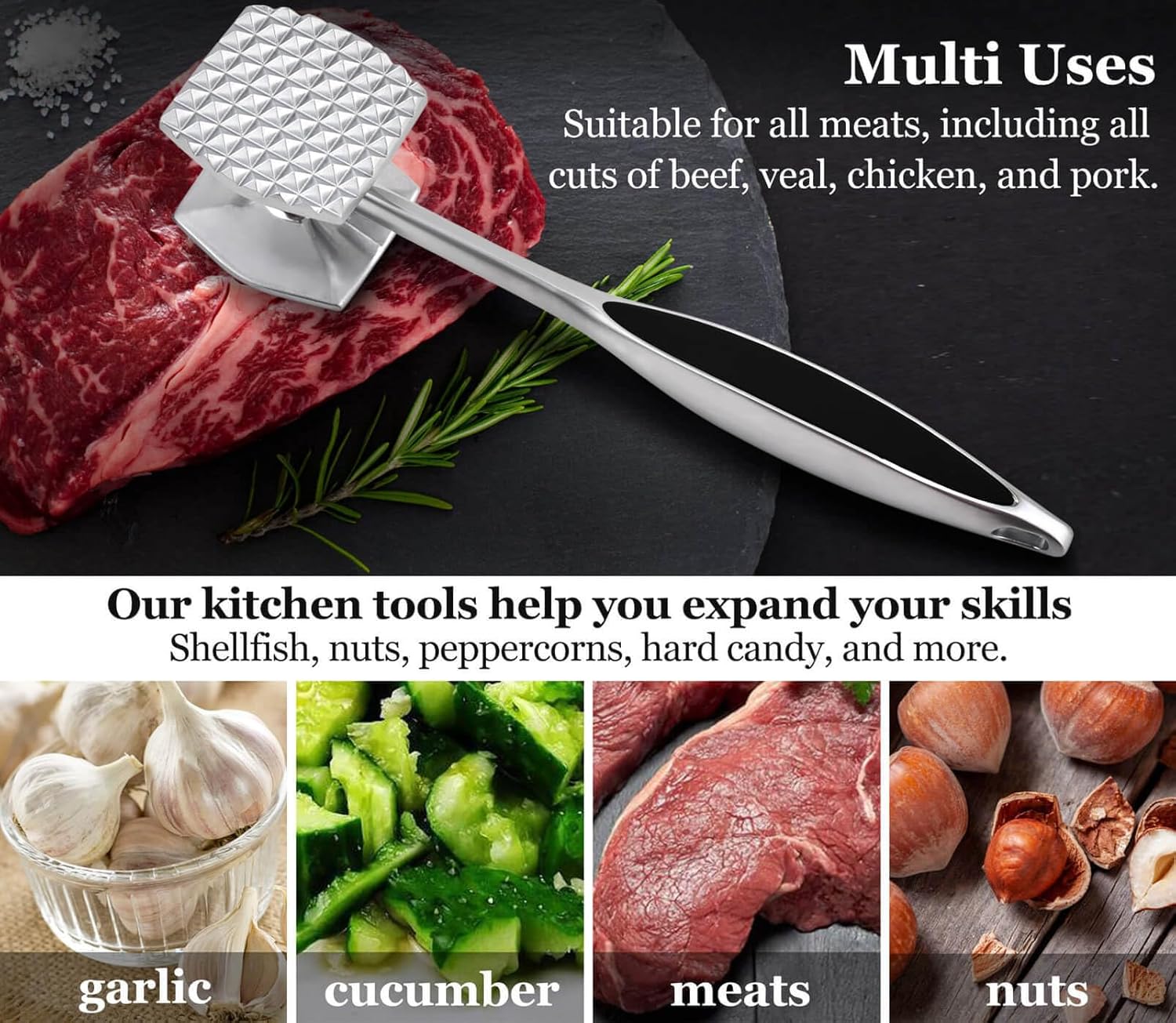 Double-Sided Meat Tenderizer Hammer – Heavy-Duty Zinc Alloy Mallet for Steak, Beef & Poultry