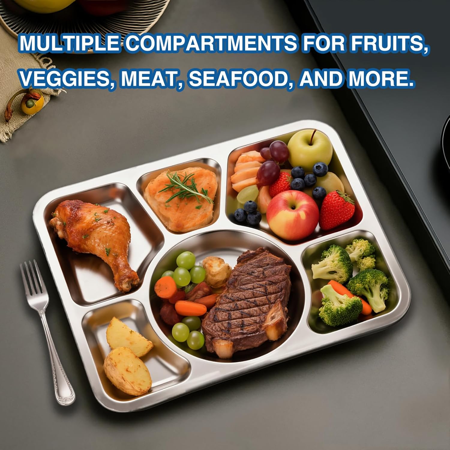 Stainless Steel 6‑Section Divided Dinner Plate – Durable Multi‑Compartment Food Tray