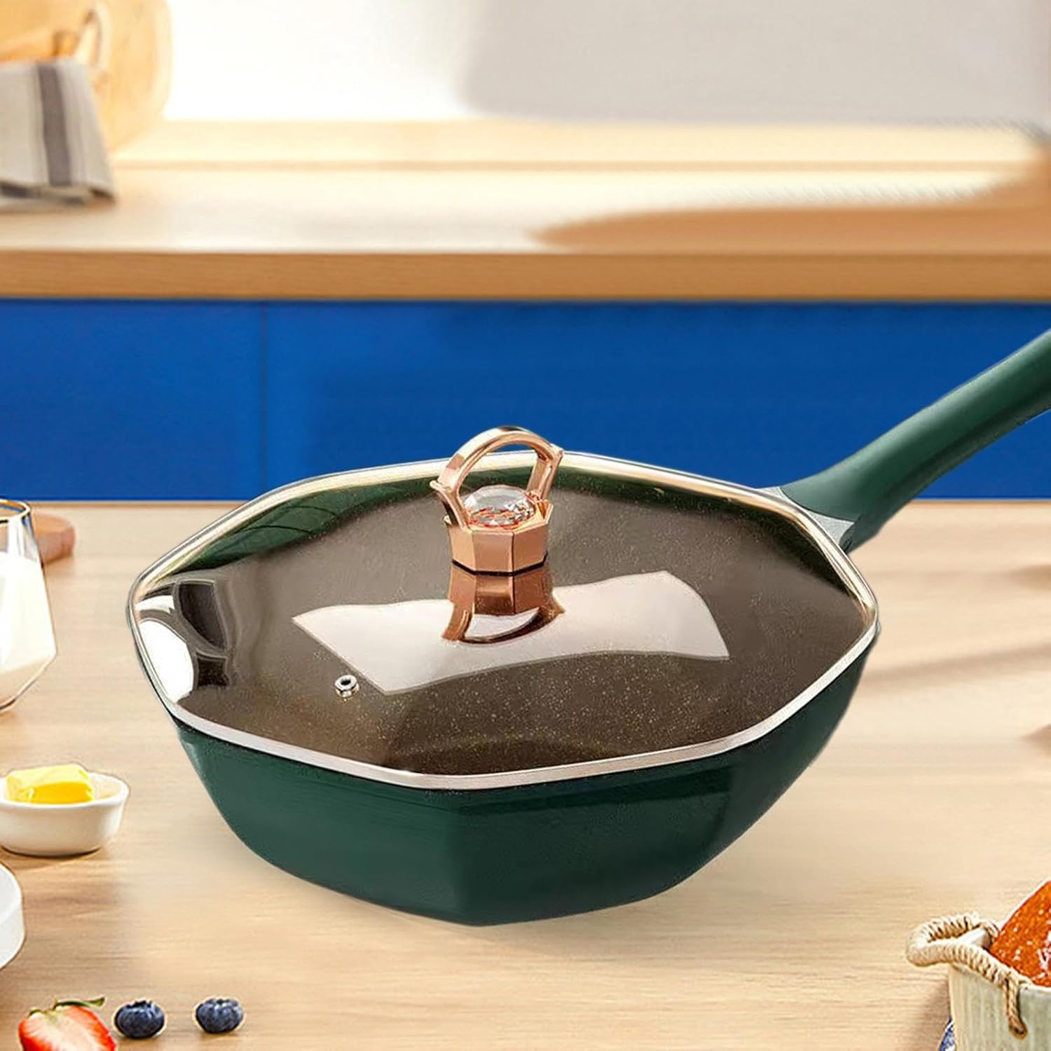 Octagonal Non-Stick Frying Pan with Lid – Portable Cooking Wok Pan Green 32cm
