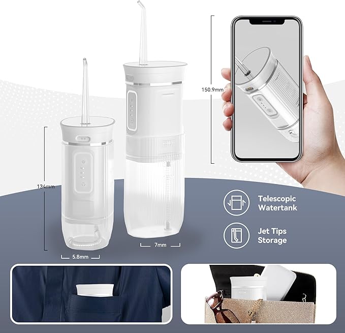 Water Flossers for Teeth Cordless - Oral Irrigator Water Teeth Cleaner Pick, 200ML Telescopic Water Tank