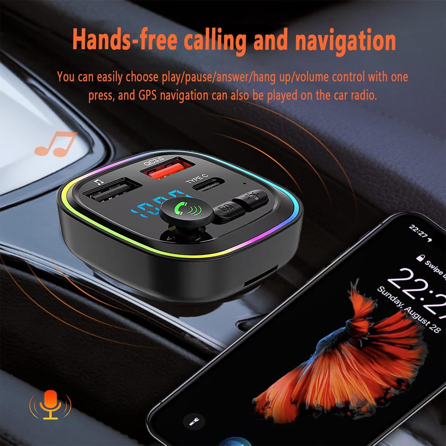 Bluetooth 5.3 FM Transmitter for Car – 20W PD & QC3.0 Fast Charging, Hands-Free Calling, USB & Type-C Car Adapter