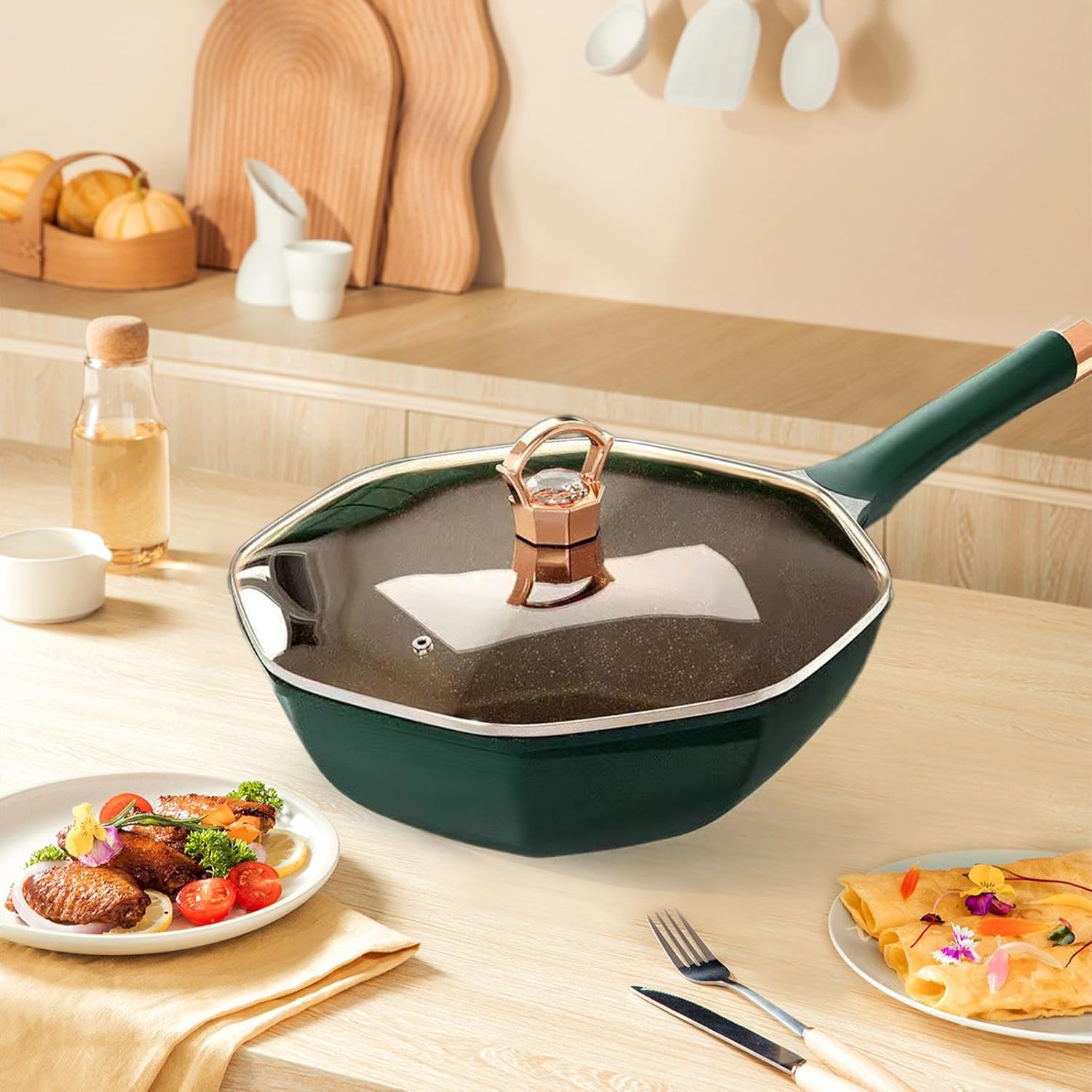 Octagonal Non-Stick Frying Pan with Lid – Portable Cooking Wok Pan Green 32cm