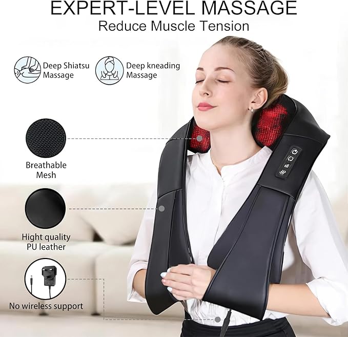 3D Deep Tissue Neck and Shoulder Massager with Heat – Portable Shiatsu for Neck, Back, Foot & Leg – Home & Car Use – Unisex (Black)